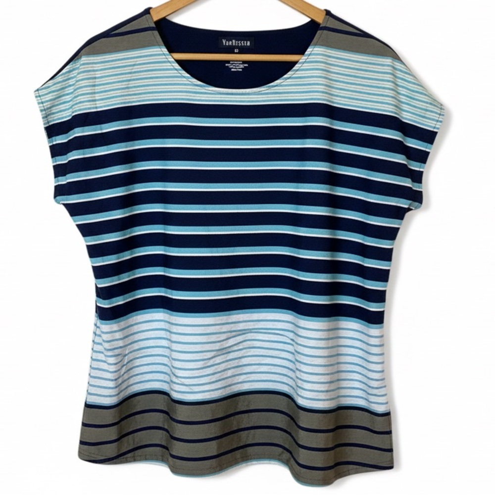 Van Heusen NWOT Navy and Aqua Striped Top Blouse Front / T-shirt Back